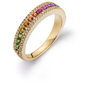"Rainbow" Ring Gelbgold 750 mit 15 runden Saphiren 0.51ct. und 62 Brillanten 0.21ct. H SI